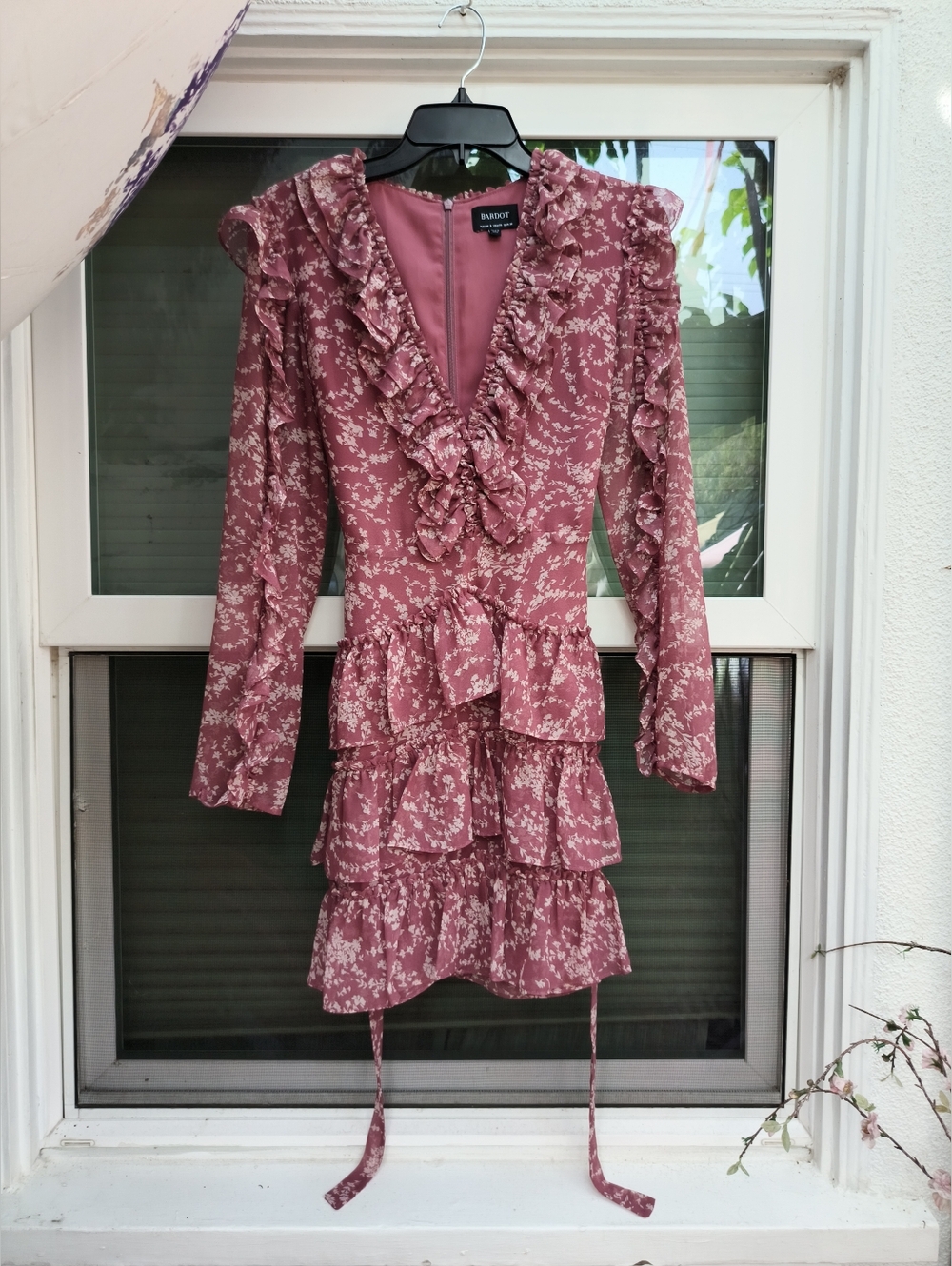 Bardot Alessia Frill Dress mauve floral long-sleeve mini dress tiered Ruffles